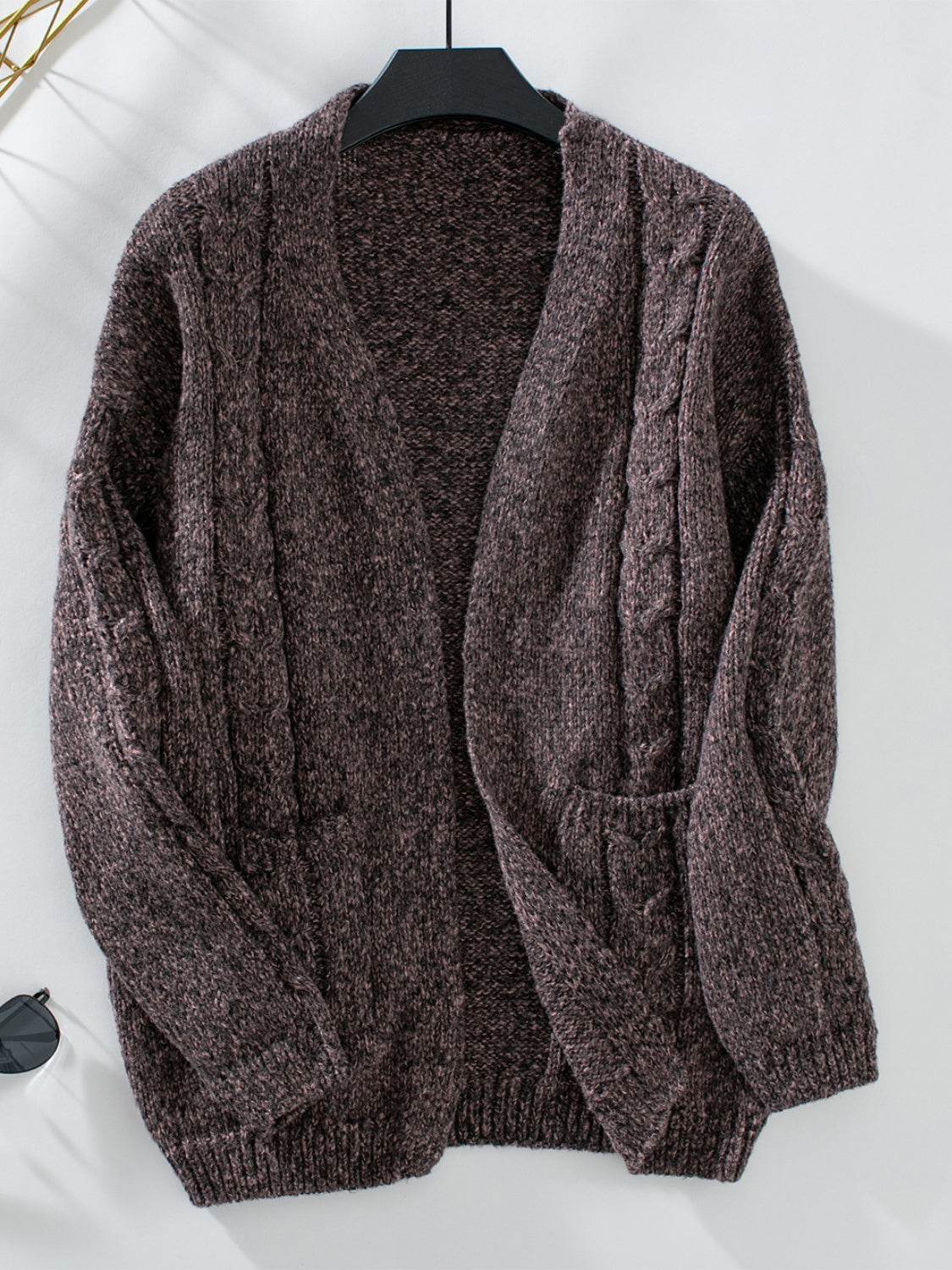 Cable-Knit Open Front Long Sleeve Cardigan - Delanoir