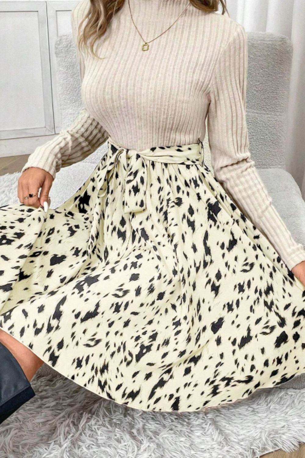 Printed Tie Waist Mock Neck Long Sleeve Dress - Delanoir