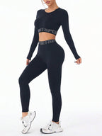 Letter Print Round Neck Long Sleeve Top and Leggings Active Set - Delanoir