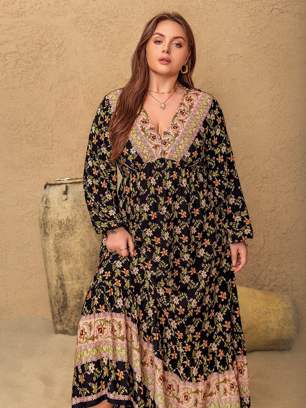 Plus Size Floral V-Neck Balloon Sleeve Dress - Delanoir