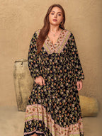 Plus Size Floral V-Neck Balloon Sleeve Dress - Delanoir