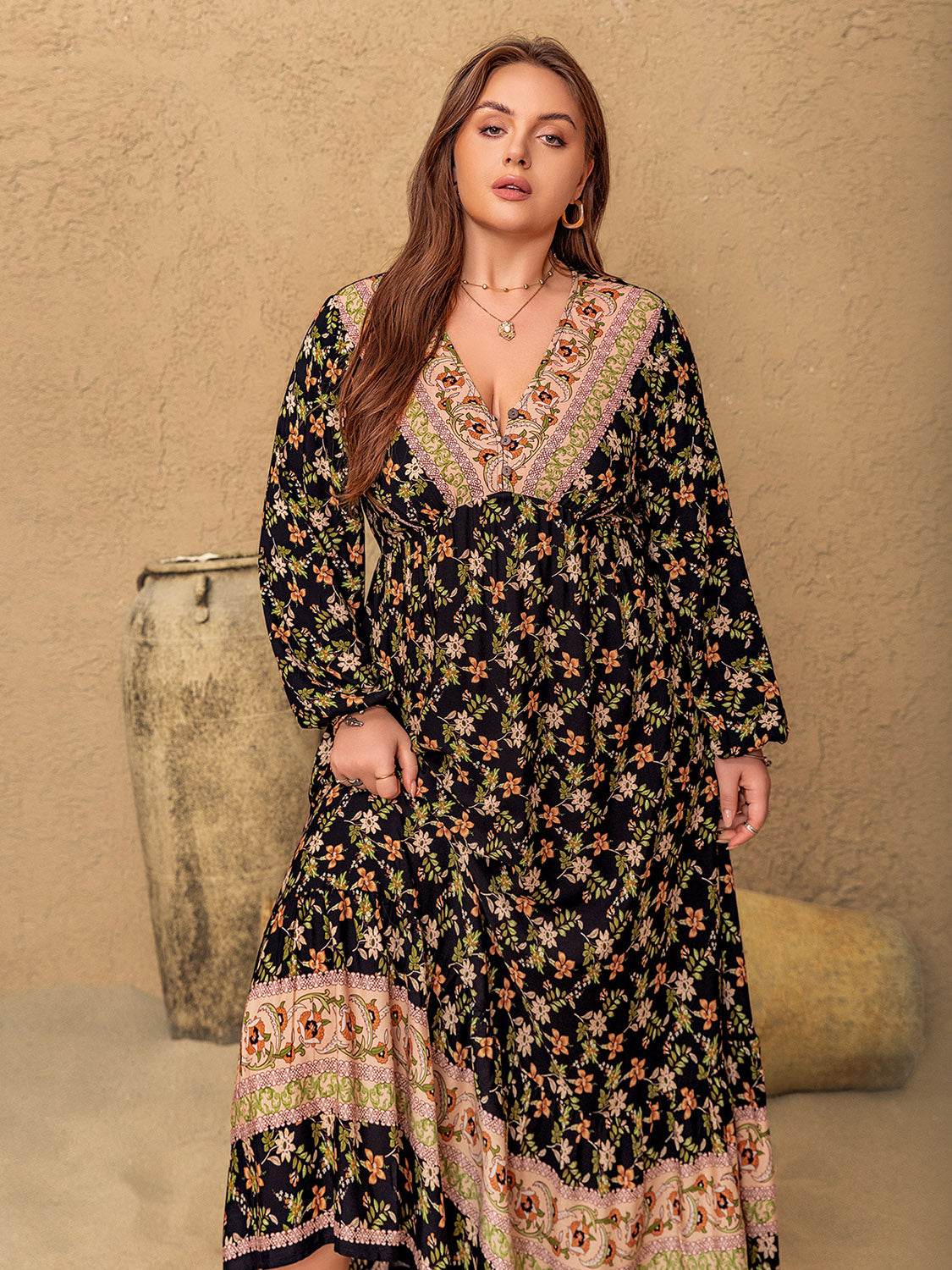 Plus Size Floral V-Neck Balloon Sleeve Dress - Delanoir