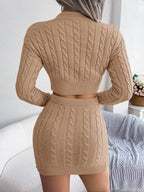 Cable-Knit Round Neck Top and Skirt Sweater Set - Delanoir