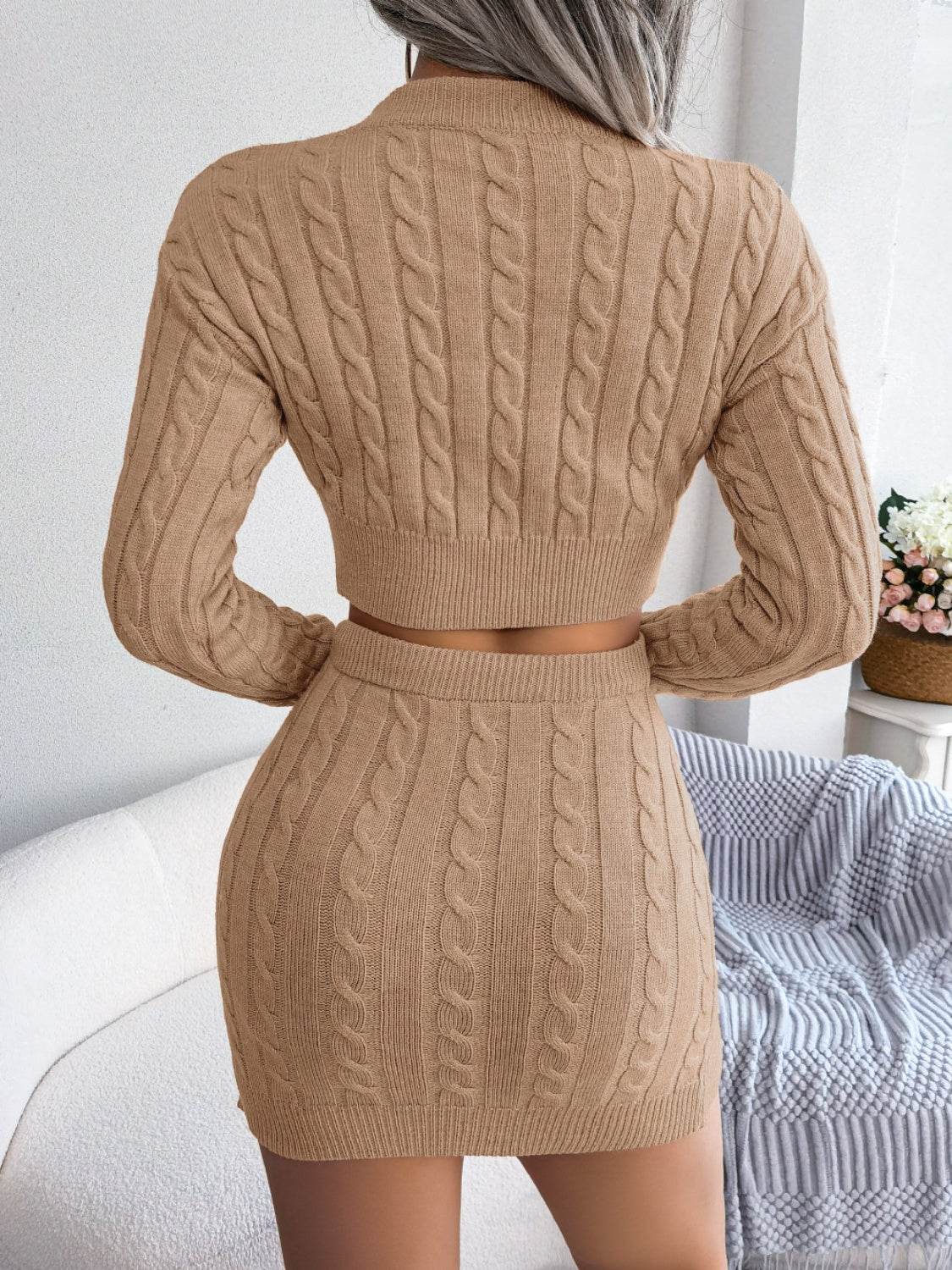 Cable-Knit Round Neck Top and Skirt Sweater Set - Delanoir