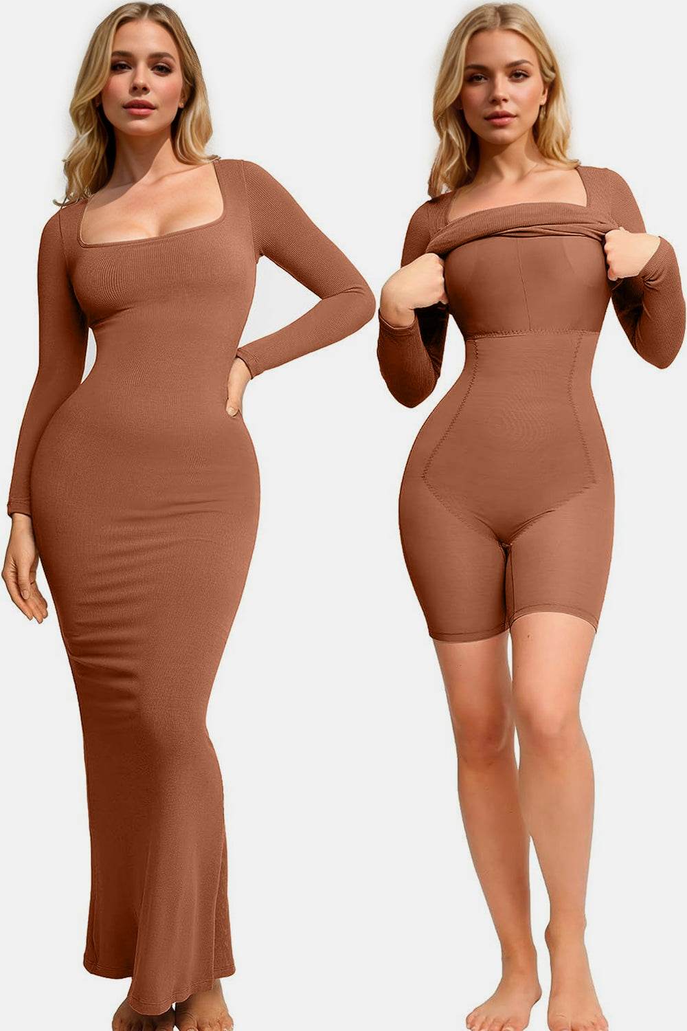 Basic Bae Built-In Shapewear Square Neck Long Sleeve Maxi Dress - Delanoir