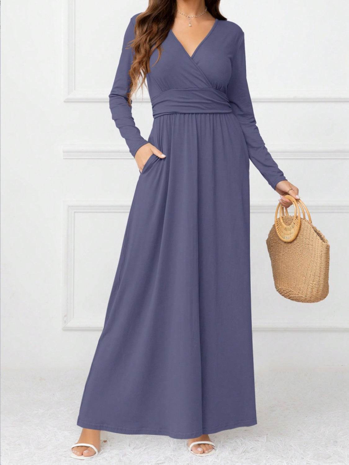 Pocketed Surplice Long Sleeve Maxi Dress - Delanoir