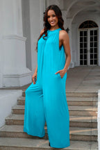Double Take Full Size Tie Back Cutout Sleeveless Jumpsuit - Delanoir