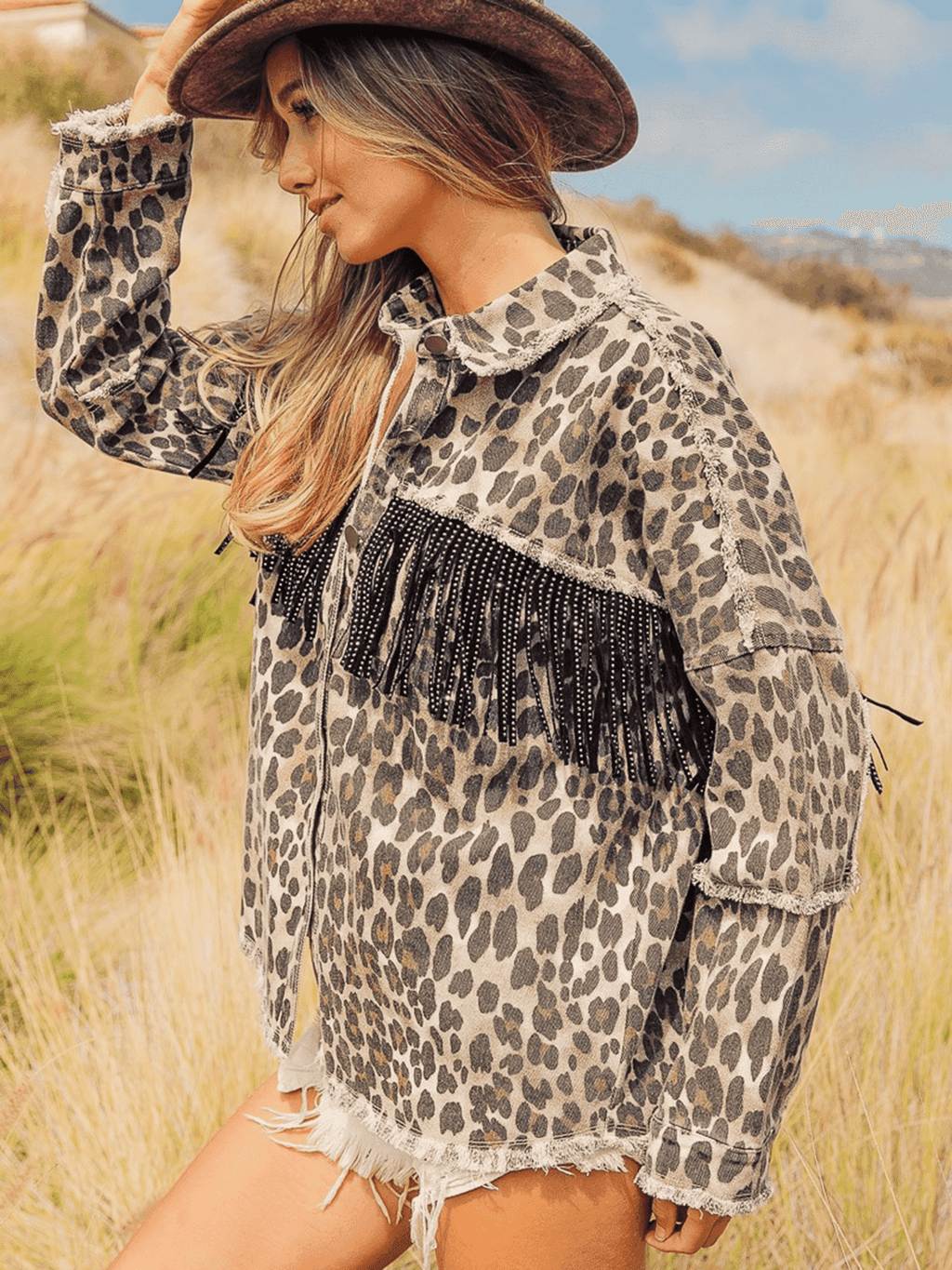 Leopard Fringe Detail Collared Neck Denim Jacket - Delanoir