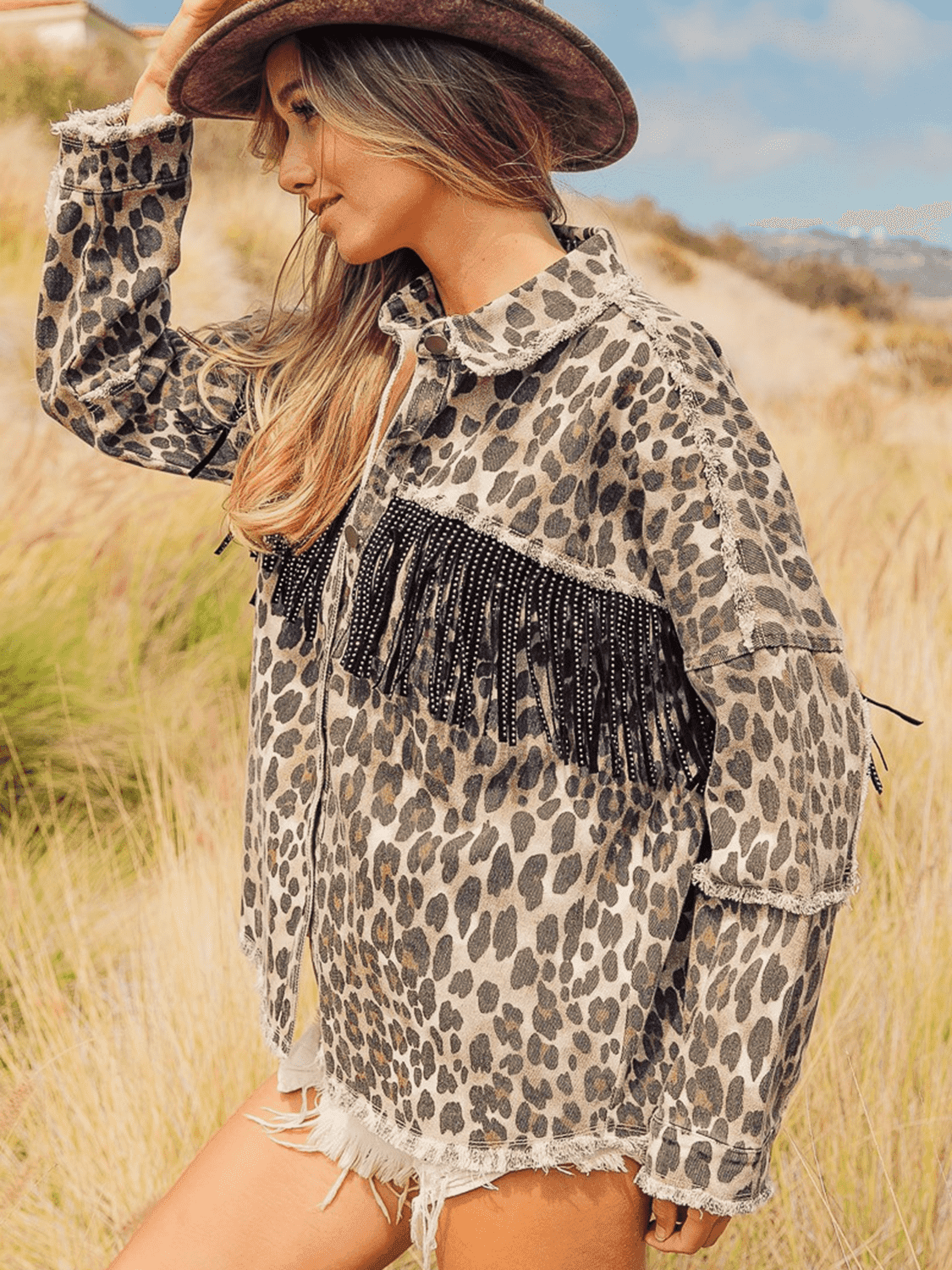 Leopard Fringe Detail Collared Neck Denim Jacket - Delanoir