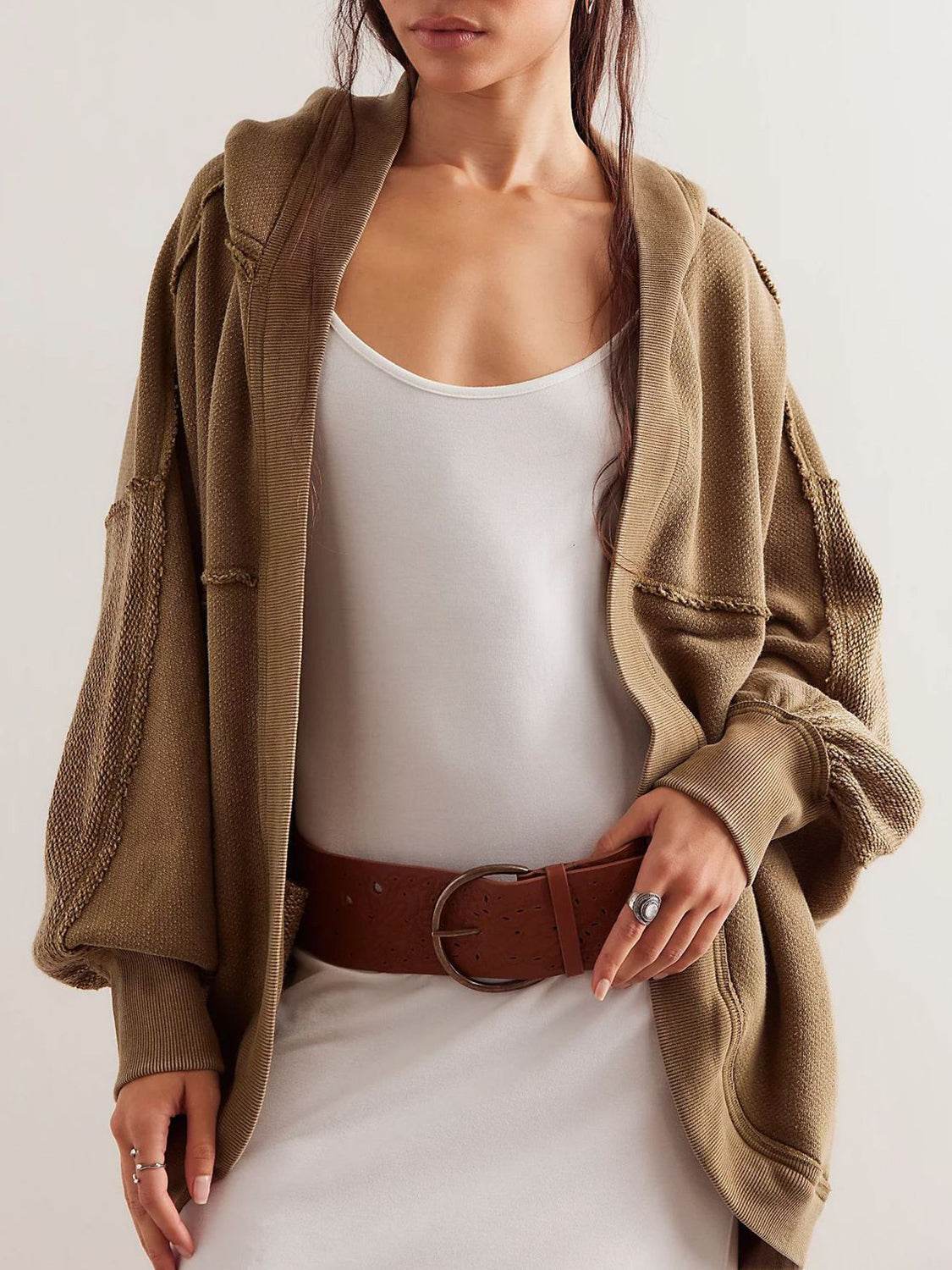 Exposed Seam Open Front Batwing Sleeve Hooded Cardigan - Delanoir