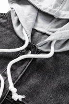Distressed Drawstring Long Sleeve Hooded Denim Jacket - Delanoir