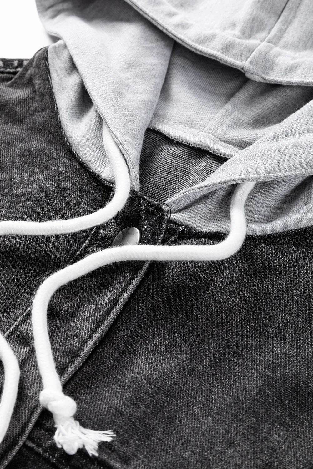 Distressed Drawstring Long Sleeve Hooded Denim Jacket - Delanoir