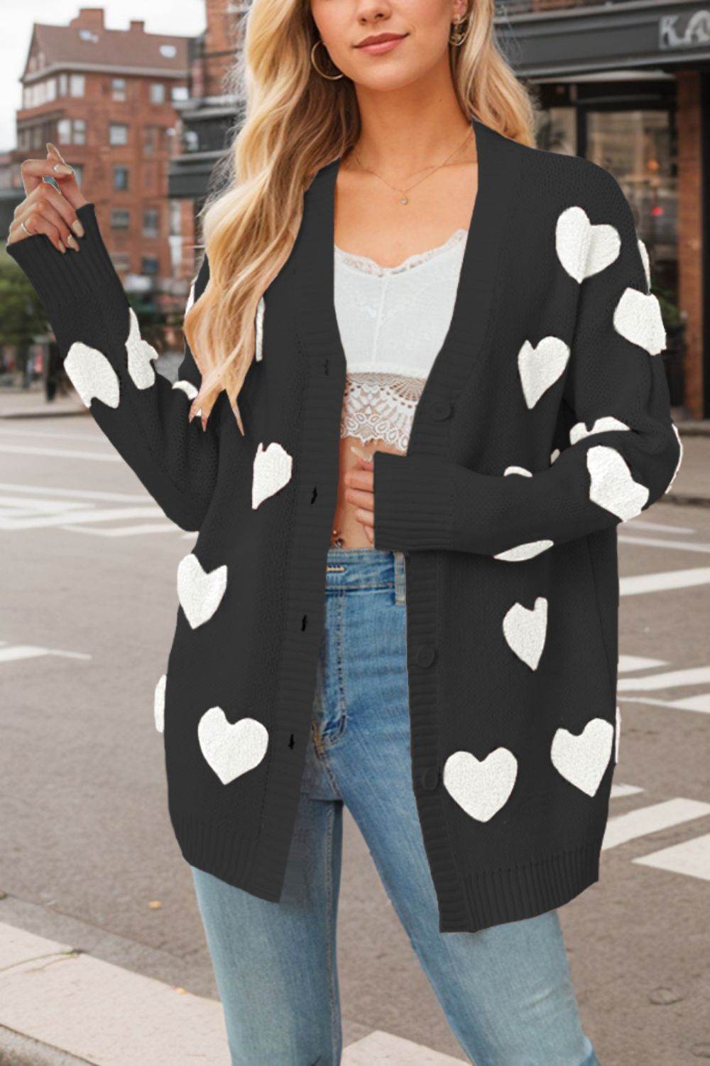 Heart Button Down Long Sleeve Cardigan - Delanoir