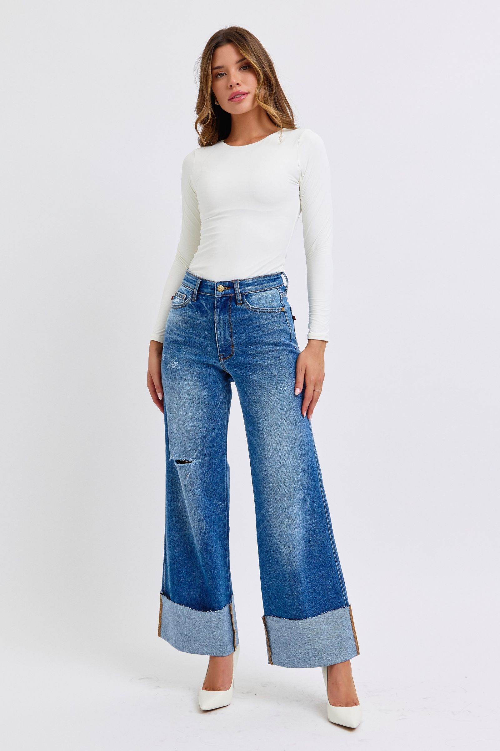 Judy Blue Full Size Distressed High Waist Wide Leg Jeans - Delanoir