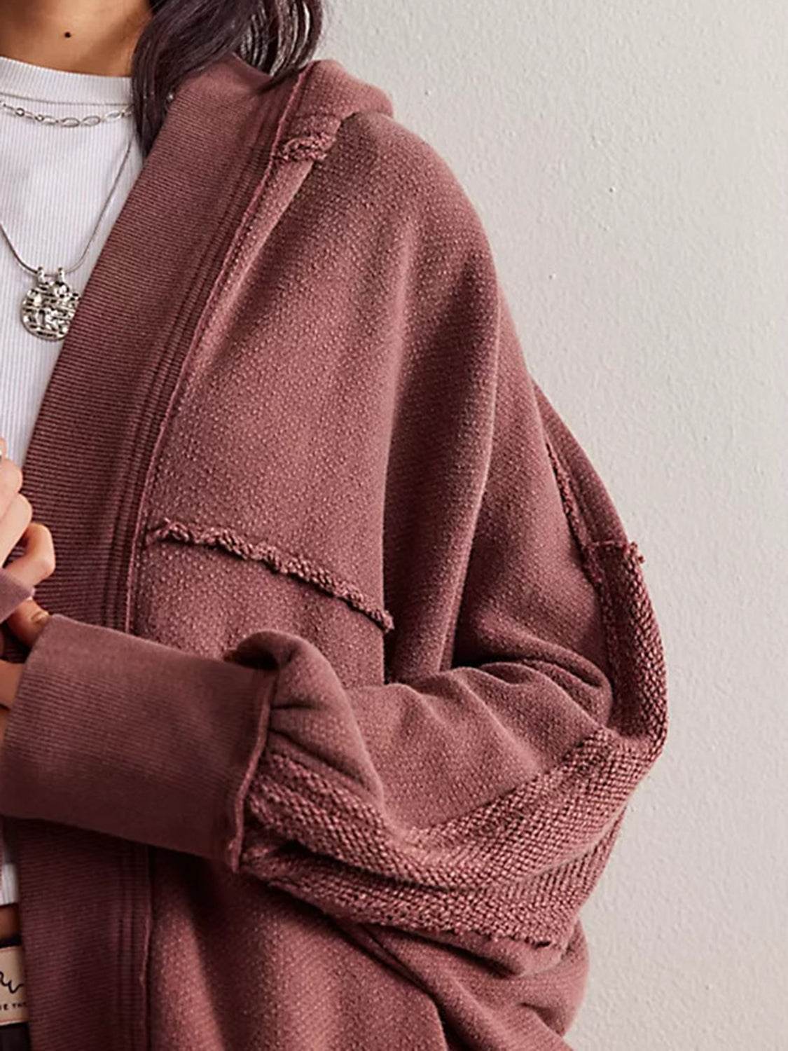 Exposed Seam Open Front Batwing Sleeve Hooded Cardigan - Delanoir