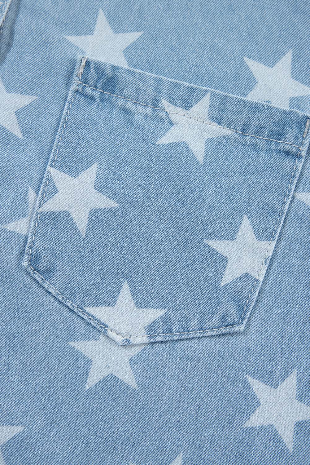 Raw Hem Star Collared Neck Denim Top - Delanoir