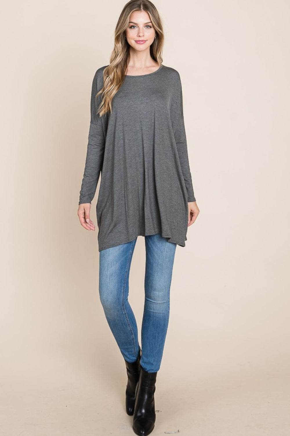 BOMBOM Round Neck Long Sleeve Oversized Top - Delanoir
