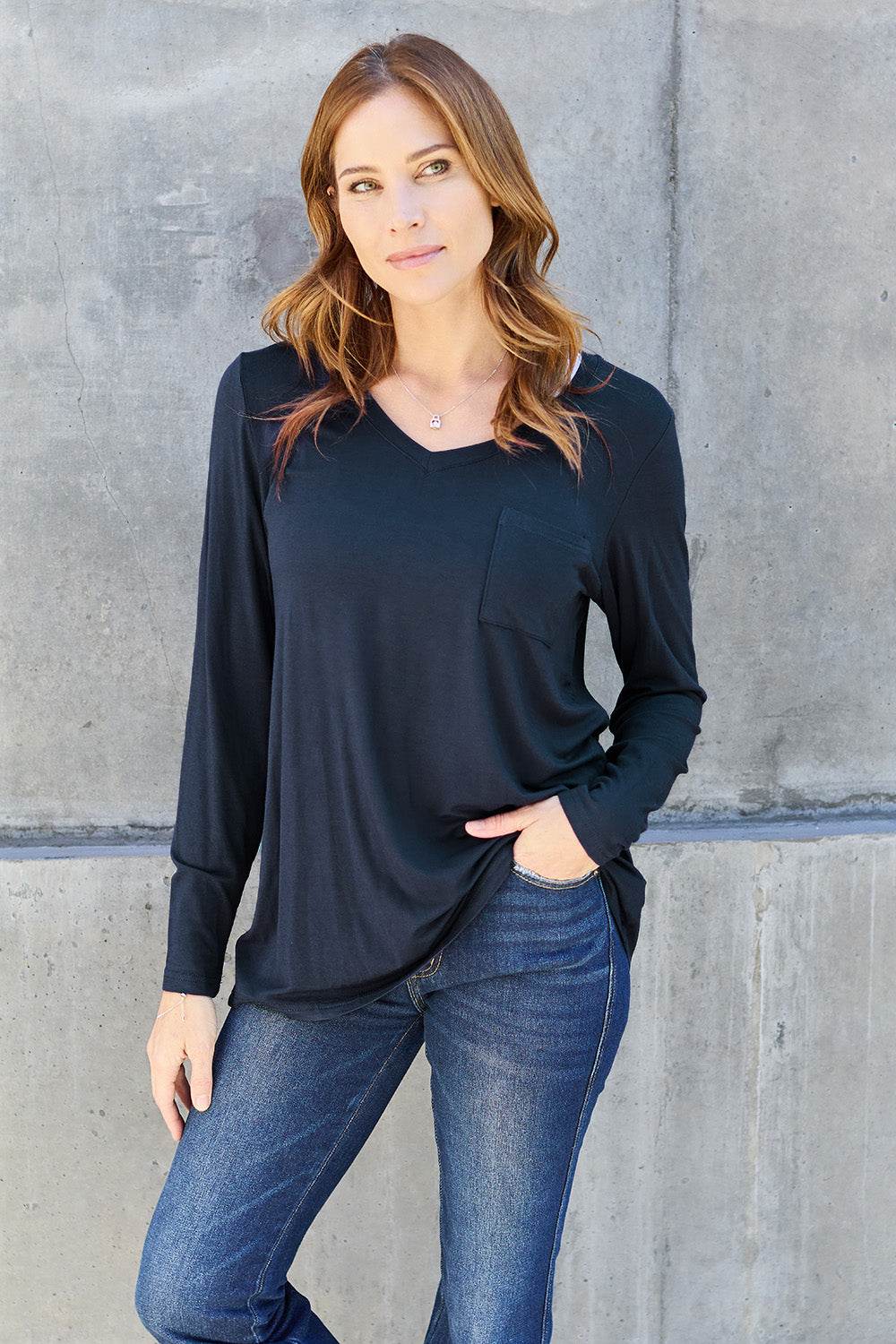 Basic Bae Full Size V-Neck Long Sleeve Top - Delanoir