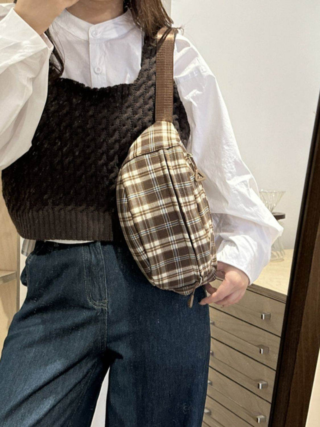 Plaid Adjustable Strap Crossbody Bag - Delanoir