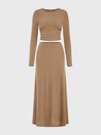 Round Neck Long Sleeve Top and Skirt Set - Delanoir