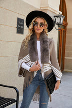 Striped Fringe Detail Long Sleeve Poncho - Delanoir