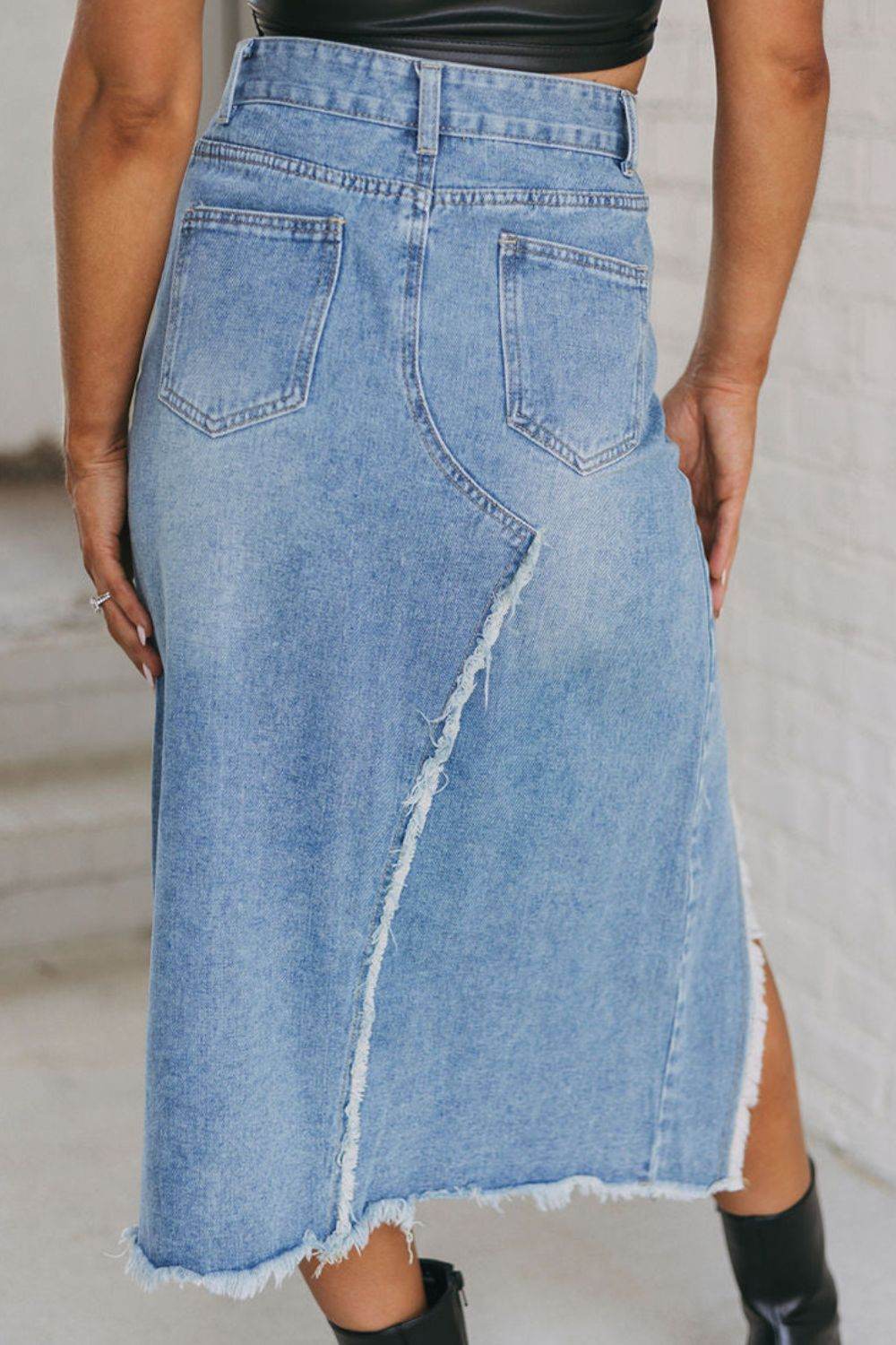 Raw Hem Slit Denim Skirt with Pockets - Delanoir