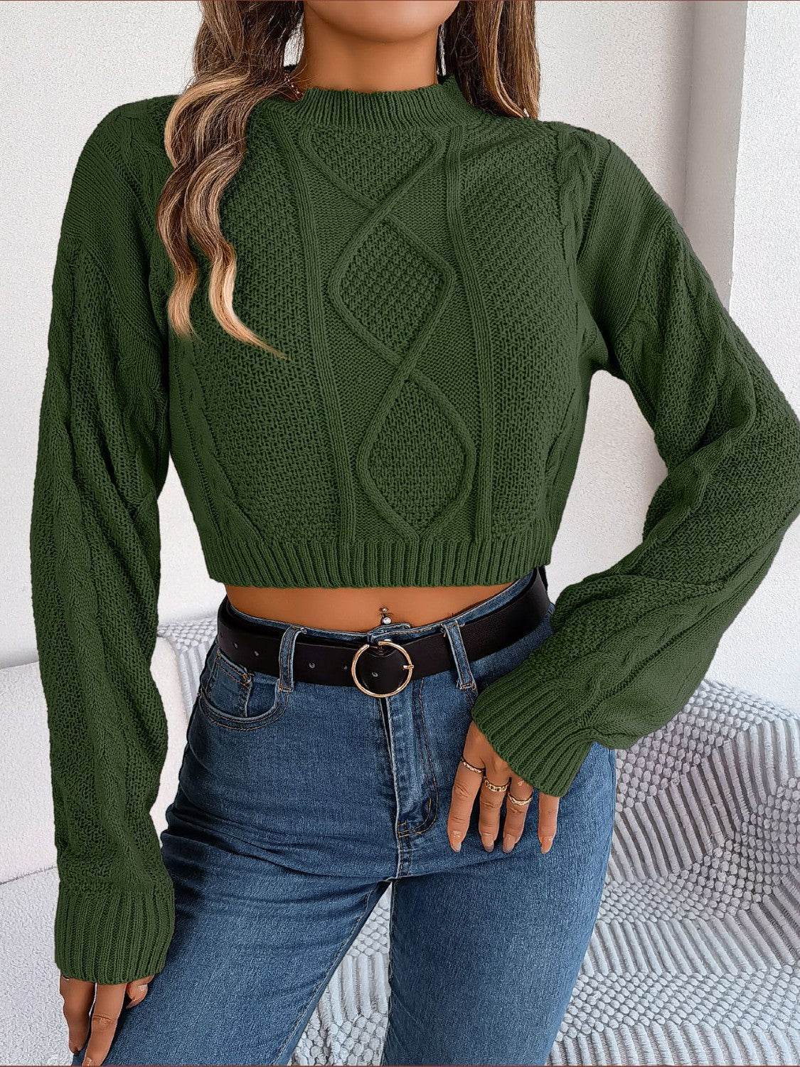 Cable-Knit Round Neck Cropped Sweater - Delanoir