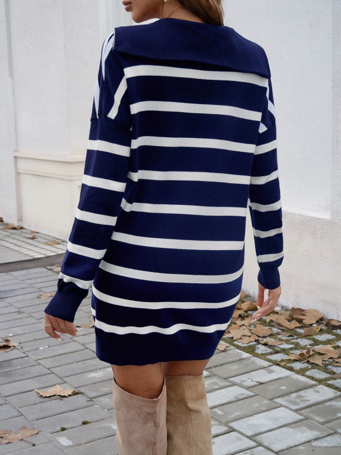 Devine Quarter Zip Striped Long Sleeve Sweater Dress - Delanoir