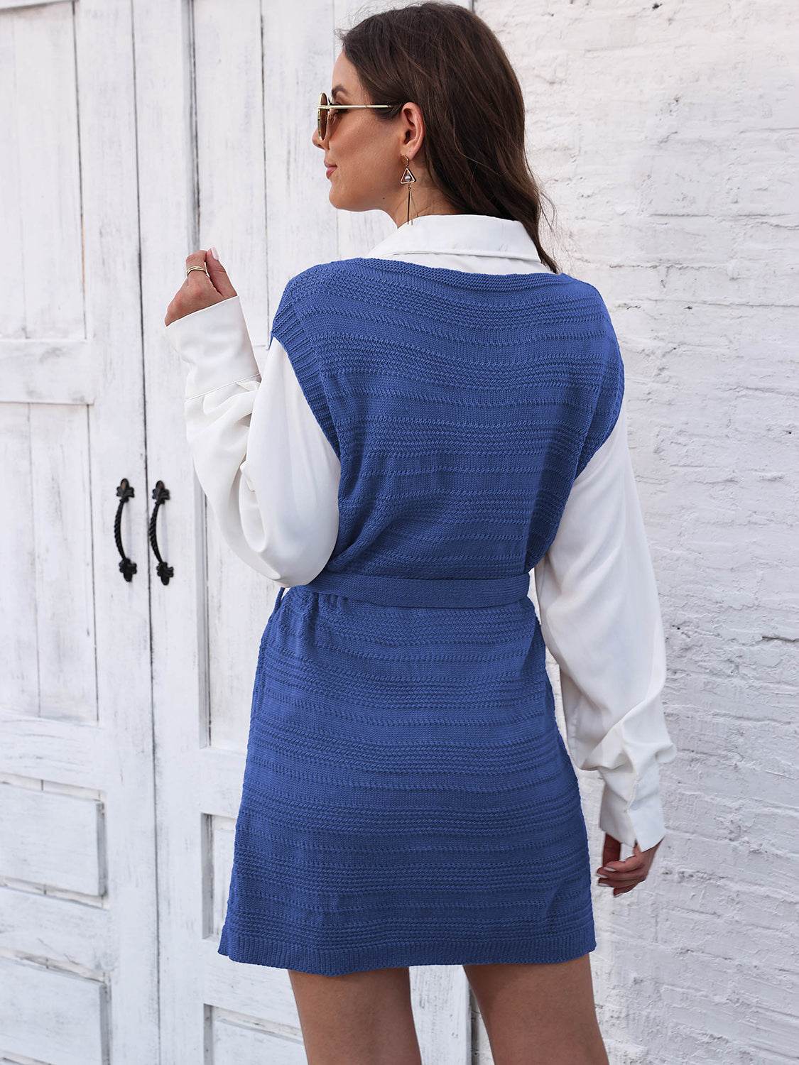 Tie Front V-Neck Sleeveless Slit Sweater Dress - Delanoir