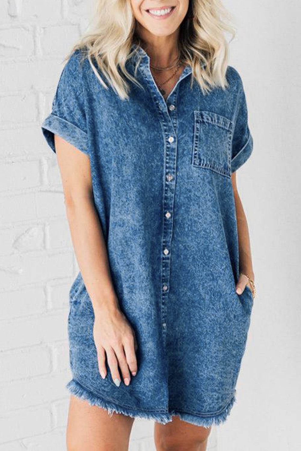 Raw Hem Pocketed Cap Sleeve Denim Dress - Delanoir