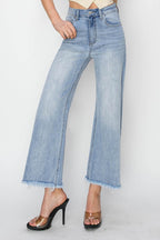 RISEN High Rise Crop Wide Fray Hem Jeans - Delanoir