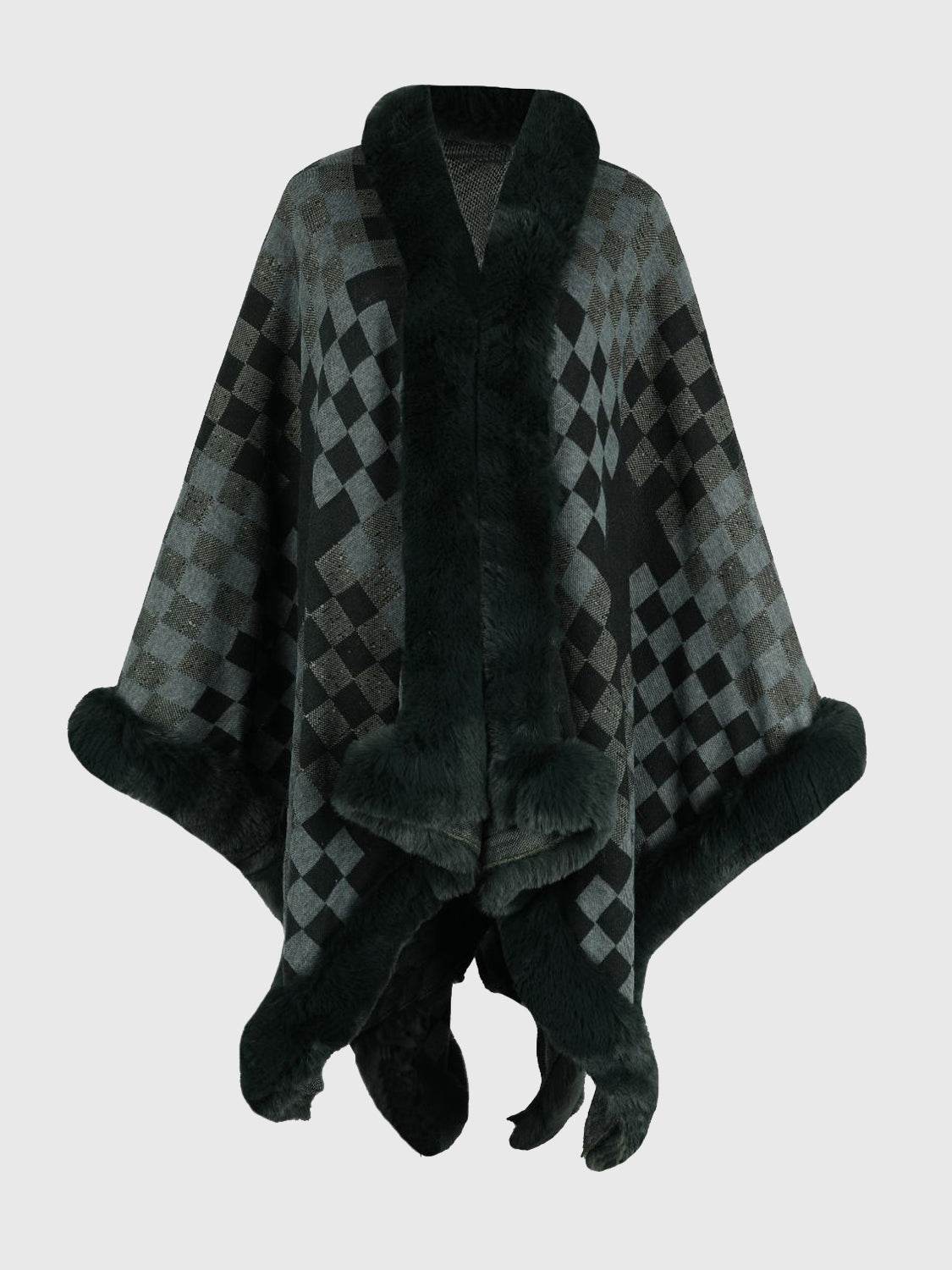 Checkered Faux Fur Trim Poncho - Delanoir
