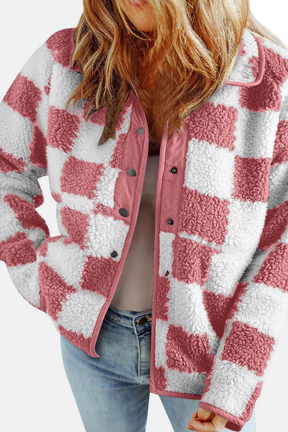 Checkered Snap Down Long Sleeve Teddy Jacket - Delanoir