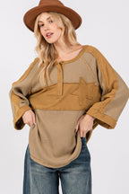 SAGE + FIG Star Applique Patch Exposed Seam Waffle Knit Top - Delanoir