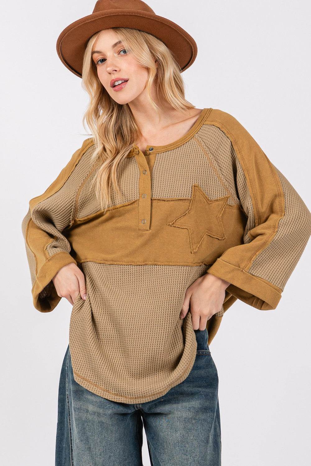 SAGE + FIG Star Applique Patch Exposed Seam Waffle Knit Top - Delanoir