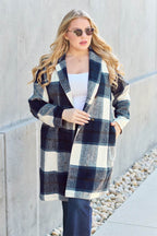 Double Take Full Size Plaid Button Up Lapel Collar Coat - Delanoir