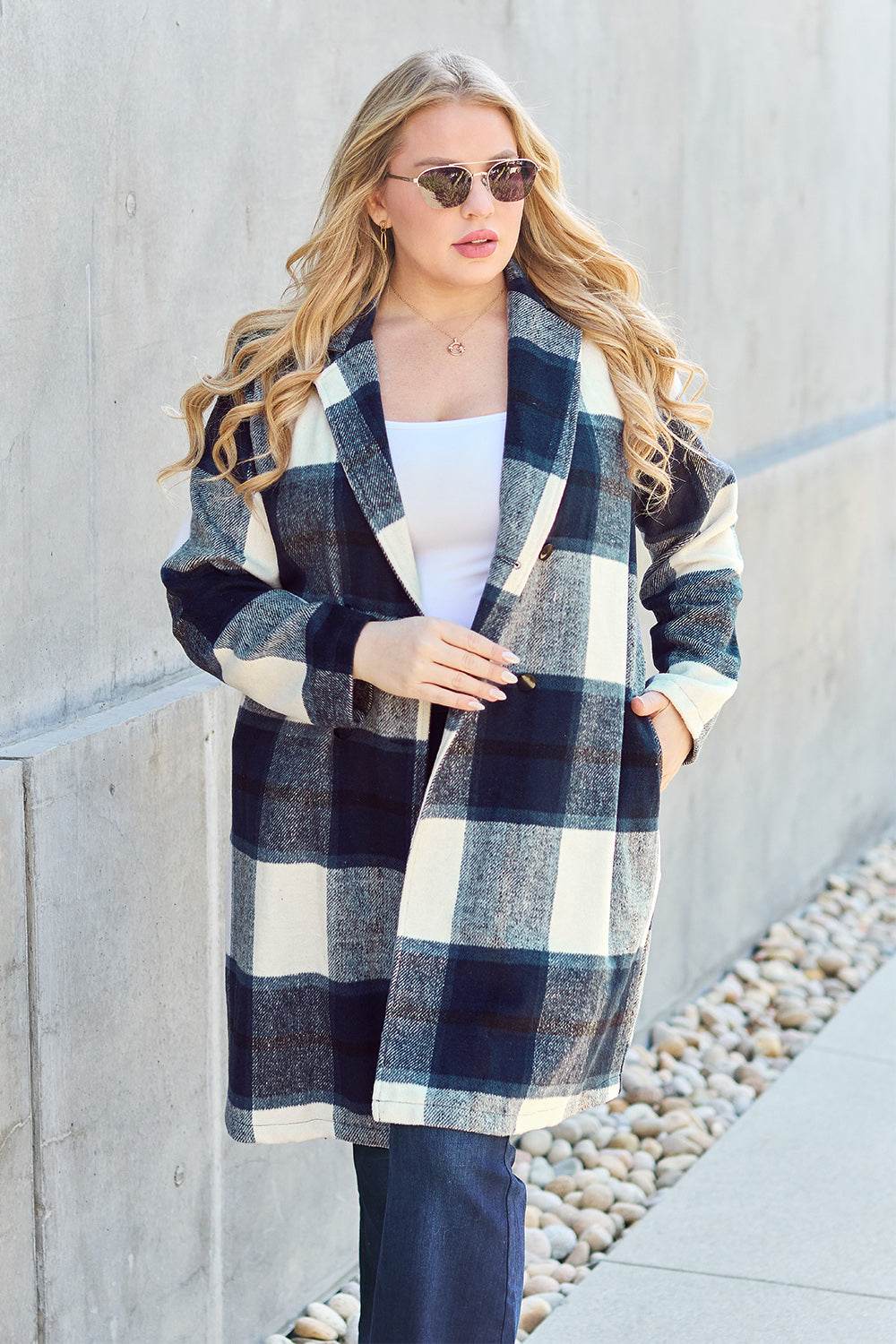Double Take Full Size Plaid Button Up Lapel Collar Coat - Delanoir