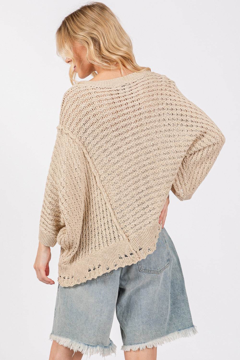 SAGE + FIG Distressed Asymmetrical Open Stitch Sweater - Delanoir