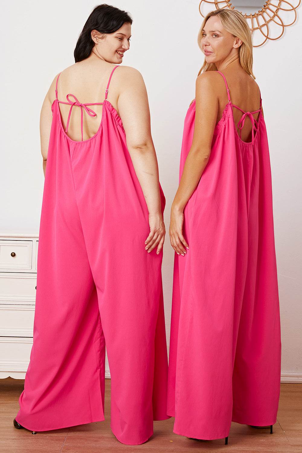 Double Take Full Size Ruffle Trim Tie Back Cami Jumpsuit with Pockets - Delanoir