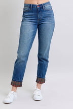 Judy Blue Full Size Plaid Print Cuff Straight Leg Jeans with Pockets - Delanoir