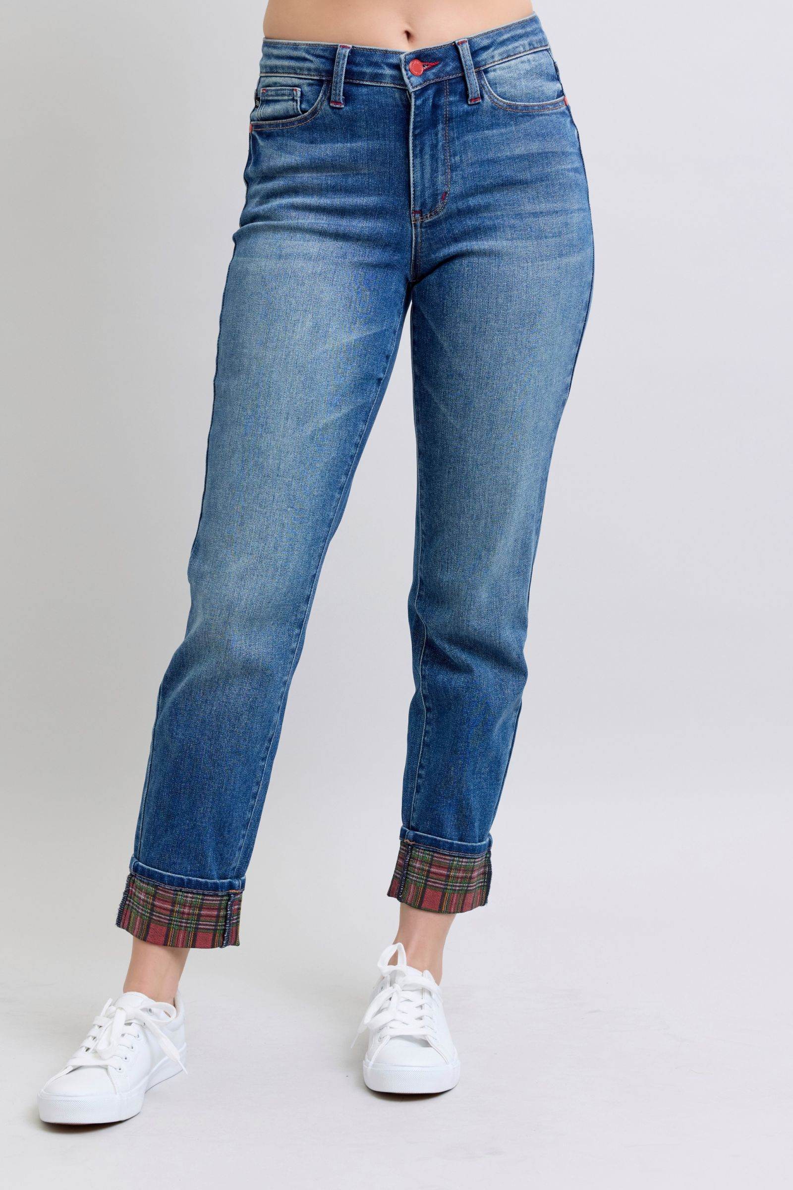 Judy Blue Full Size Plaid Print Cuff Straight Leg Jeans with Pockets - Delanoir