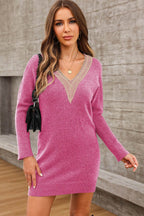 V-Neck Long Sleeve Mini Sweater Dress - Delanoir