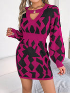 Contrast Round Neck Cutout Long Sleeve Mini Sweater Dress - Delanoir