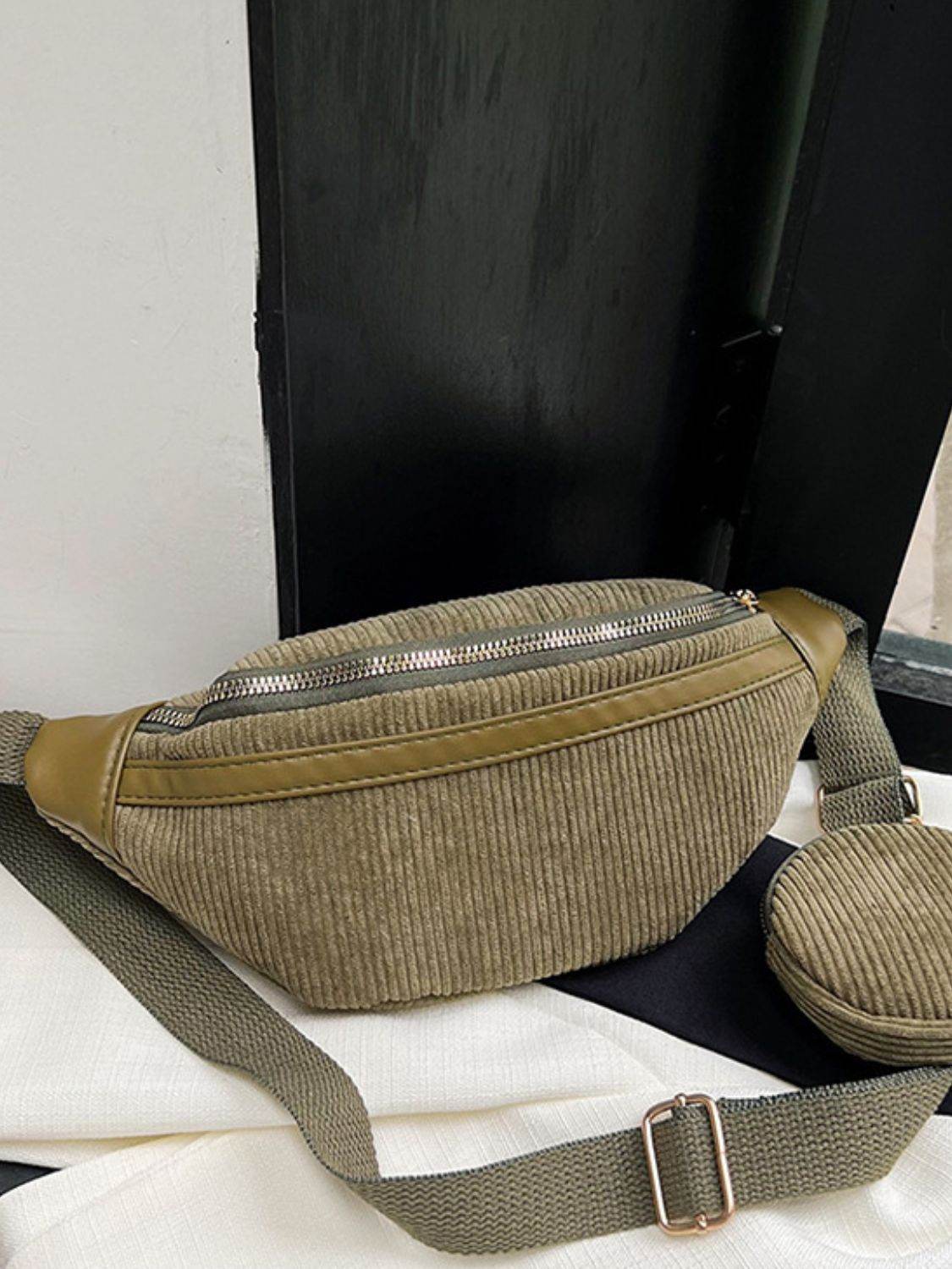Corduroy Adjustable Strap Crossbody Bag with Pouch - Delanoir
