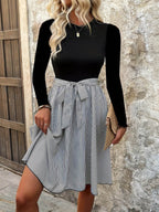 Tied Striped Round Neck Long Sleeve Dress - Delanoir