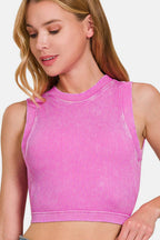Zenana Washed Ribbed Seamless Crop Tank with Bra Pad - Delanoir