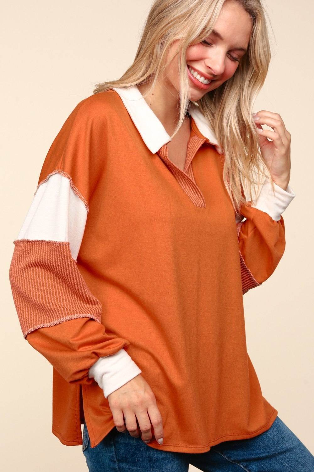 Haptics Color Block Exposed Seam Long Sleeve Top - Delanoir