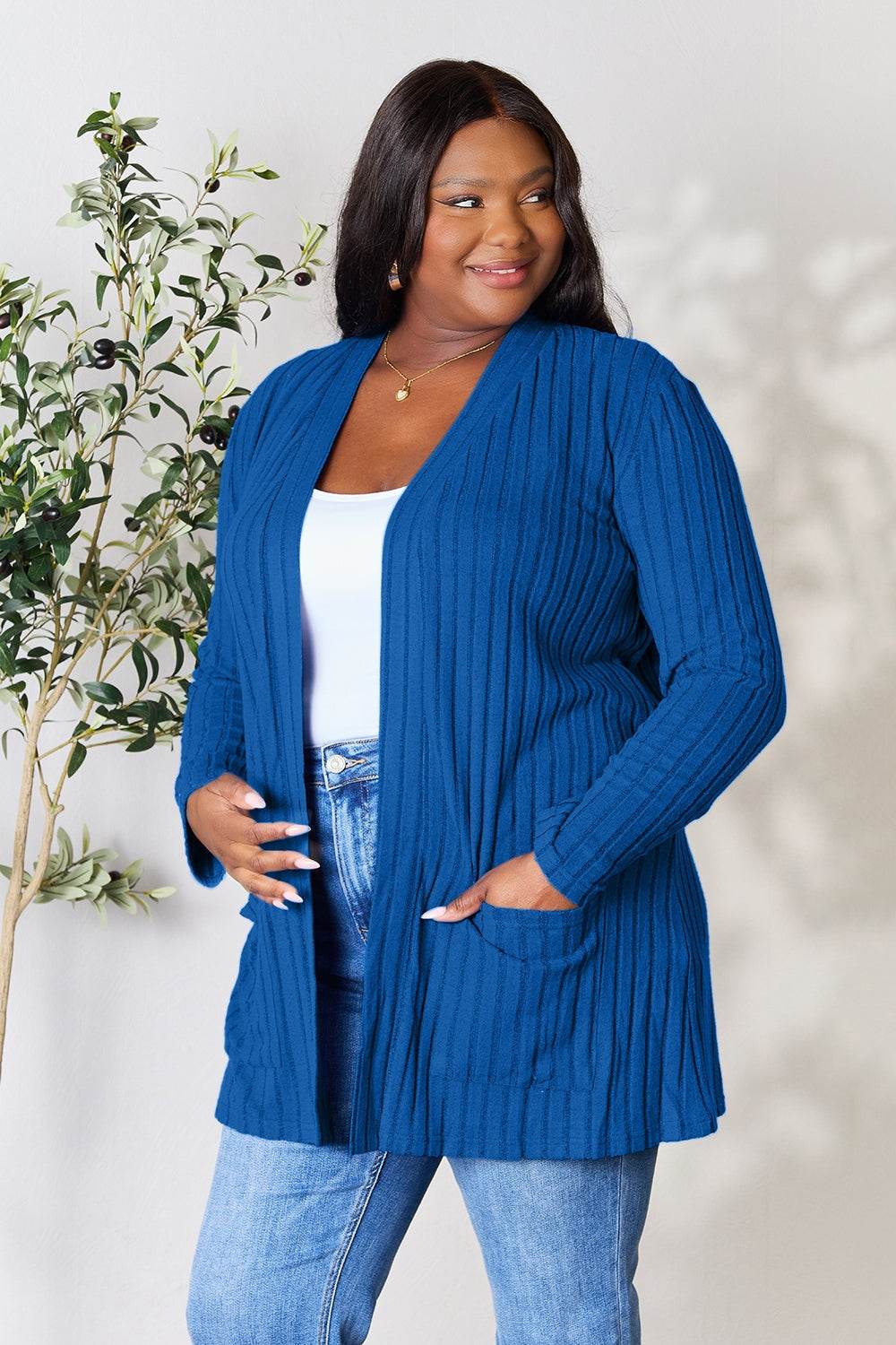 Basic Bae Full Size Ribbed Open Front Cardigan with Pockets - Delanoir