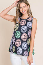 BOMBOM Round Neck Smiley Face Tank - Delanoir