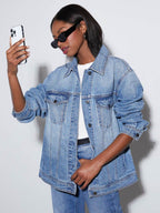 Button Up Collared Neck Denim Jacket - Delanoir